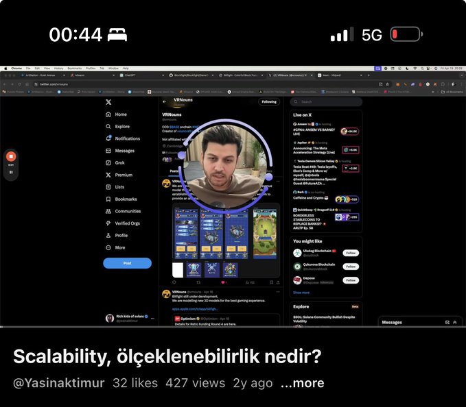 Screenshot of a YouTube video titled 'Scalability, ölçeklenebilirlik nedir?' by @Yasinaktimur showing a Twitter/X profile for 'VRNouns' with a circular profile photo of a man, displaying 32 likes and 427 views.