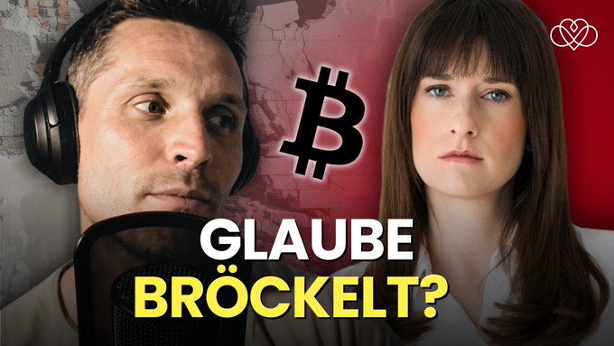 A YouTube-style thumbnail featuring a man wearing headphones and a woman against a red background with a Bitcoin logo and the German text 'GLAUBE BRÖCKELT?' (Faith crumbling?).