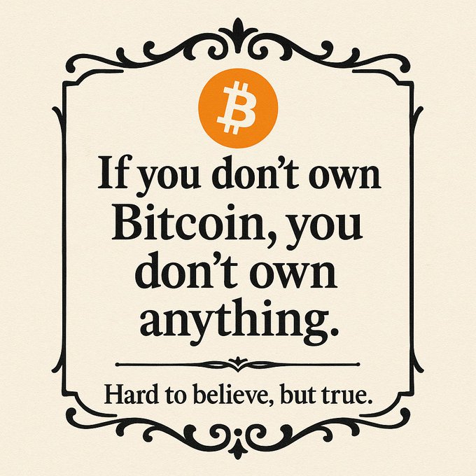 An ornate vintage-style framed graphic features the orange Bitcoin "₿" logo above the bold serif quote: "If you don't own Bitcoin, you don't own anything. Hard to believe, but true." The design visually reinforces the post's message that lacking Bitcoin holdings means missing out on true ownership.