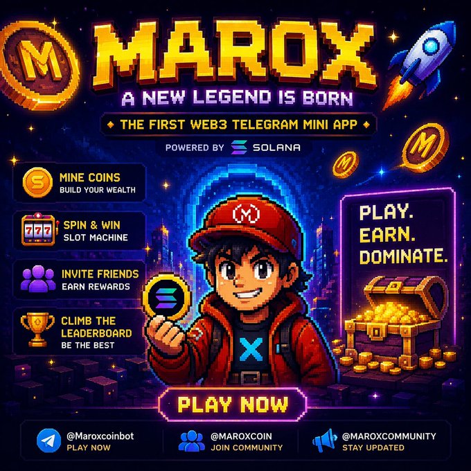 Marketing poster for MAROX coin, billed as 'A NEW LEGEND IS BORN' and the first Web3 Telegram mini app powered by Solana, featuring features like 'MINE COINS' and 'SPIN & WIN' with a 'PLAY NOW' call-to-action.