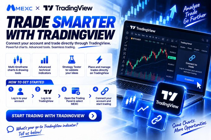 Promotional banner for MEXC and TradingView partnership titled 'TRADE SMARTER WITH TRADINGVIEW', featuring a laptop displaying the BTCUSDT chart and a 4-step guide on how to connect accounts.
