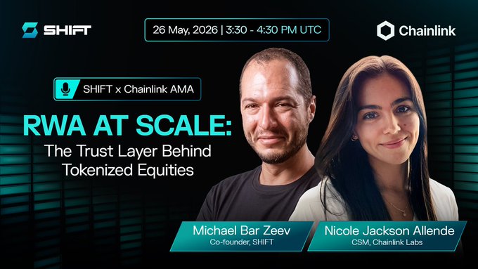 The image features a poster for an event where two people are featured, one man and one woman. The poster has a black background with white text that reads "Shift x Chainlink RWA At Scale" at the top. Below this, there is information about the event, including the date, time, and location of the event. The event appears to be focused on tokenized equities or blockchain technology, as suggested by the title of the poster.