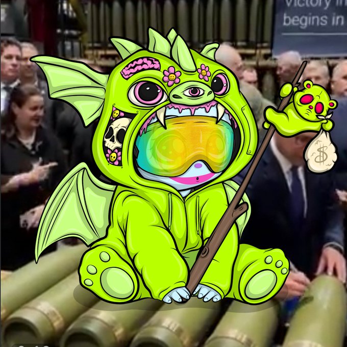 A cartoon green dragon-like creature with multiple eyes, a brain visible on its head, and a rainbow-colored goiter sits on artillery shells, holding a stick with a money bag while people watch in the background.