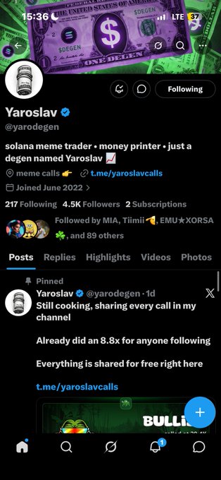 A screenshot of the Twitter/X profile "Yaroslav" (@yarodegen), a Solana meme trader with 4.5K followers, featuring a pinned post that promotes free meme calls on Telegram. The image serves as background context for a post sharing a Solana contract address (BakyX...cKNf) and thanking the trader Ray.