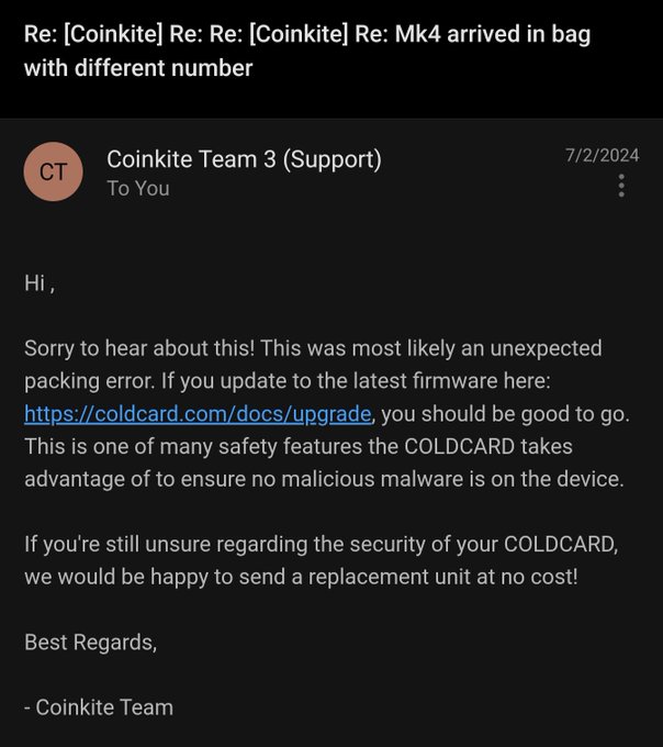 An email from Coinkite Team 3 Support dated 7/2/2024, apologizing for a packing error with a COLDCARD Mk4 and offering a replacement unit.