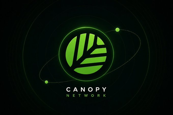 A logo design for Canopy Network featuring a green circular emblem with a leaf/branch motif and orbiting rings on a dark background.