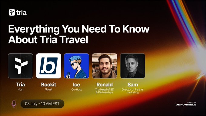 Promotional graphic for an 'Everything You Need To Know About Tria Travel' podcast episode hosted by Tria and Bookit on July 8, 10 AM EST, featuring co-host Ice and guests Ronald and Sam.