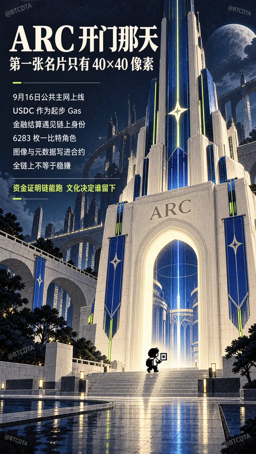 A futuristic digital poster with Chinese characters 'ARC 开门那天' (The day ARC opens) featuring a grand cathedral-like structure with a small figure standing at the entrance, branded with @BTCDTA watermarks.