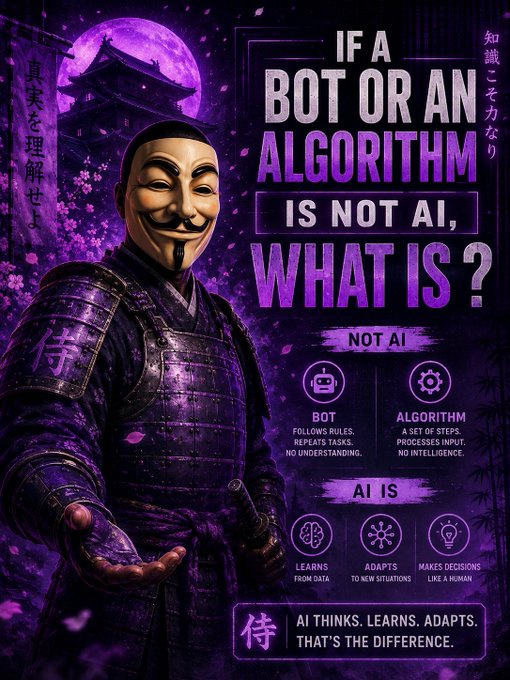 A figure in samurai armor wearing a Guy Fawkes mask stands beneath a purple moon and pagoda, alongside the bold headline "IF A BOT OR AN ALGORITHM IS NOT AI, WHAT IS?" The image visually supports the post's message by contrasting "NOT AI" (bots that follow rules, algorithms that process steps) with "AI IS" (learns, adapts, makes decisions), illustrating the key distinction between automated tools and true artificial intelligence.