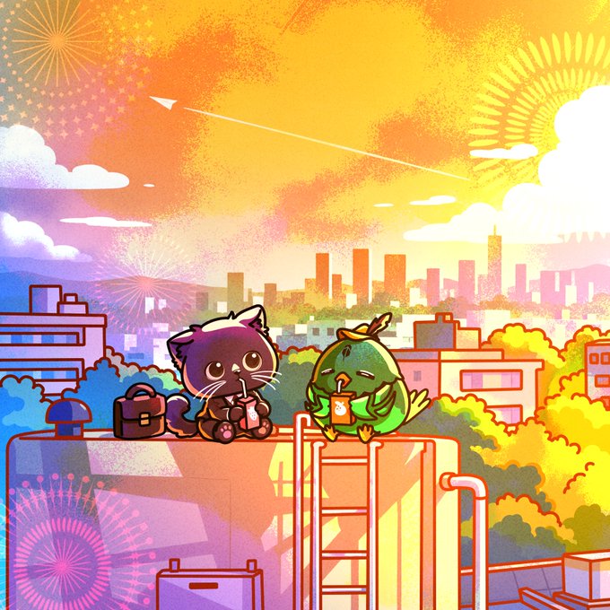 Stylized anime-style illustration of a black cat and a green bird-like character sitting on a rooftop drinking juice boxes, with a colorful sunset cityscape and fireworks in the background.