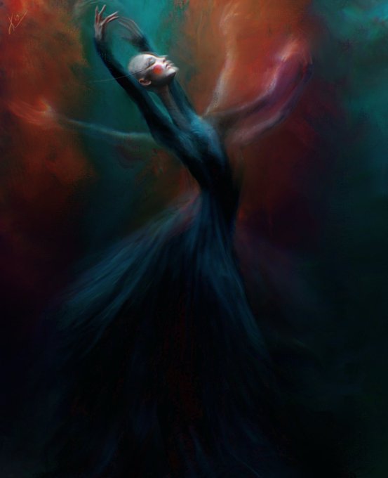 A ghostly figure in a flowing dark blue gown floats with arms raised, her pale face tilted back against a swirling backdrop of crimson and teal that mirrors her dissolving form. The painting's smudged, spectral quality visually echoes the caption's theme of a dancer fading into an afterimage, with motion blur trails suggesting her spirit still spinning beyond the body she left behind.