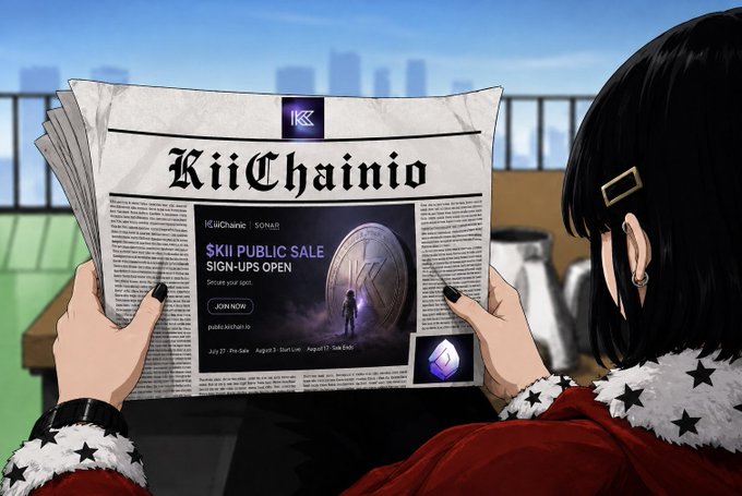 An anime-style character with black hair reads a "KiiChainio" newspaper featuring an ad for "SKII PUBLIC SALE | SIGN-UPS OPEN" by KiiChainio and SONAR, while a small inset displays the project's logo. The image visually reinforces the post's message about KiiChainio quietly building real-world value — with $24M raised from Nimbus Capital and adoption by 350+ institutions — by presenting the project in the format of a mainstream news headline rather than typical crypto hype.