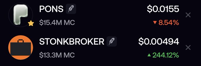The image shows a comparison of two meme coin tickers: PONS, priced at $0.0155 with a $15.4M market cap and an 8.54% decline, and STONKBROKER, priced at $0.000494 with a $13.3M market cap and a 244.12% surge. This illustrates the post's question about which of the two micro-cap meme coins will reach a $50M market cap first, with STONKBROKER showing strong recent momentum despite a lower starting valuation.