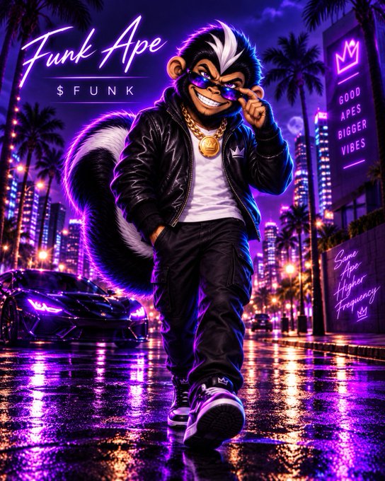 A stylized neon illustration of a skunk character named "Funk Ape" wearing sunglasses and a leather jacket, set against a purple city skyline with text including "$FUNK", "GOOD APES BIGGER VIBES", and "Some Ape Higher Frequency".