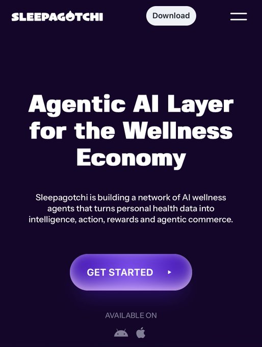A mobile website screenshot for 'Sleepagotchi' advertising itself as an 'Agentic AI Layer for the Wellness Economy' with a 'GET STARTED' button.