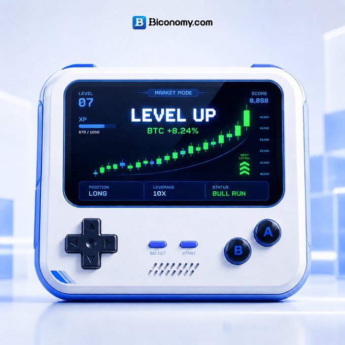 A white and blue handheld gaming console branded 'Bicconomy.com' displaying a 'LEVEL UP' screen with a candlestick chart showing 'BTC +8.24%', level 07, a score of 8,888, 10X leverage, LONG position, and 'BULL RUN' status.