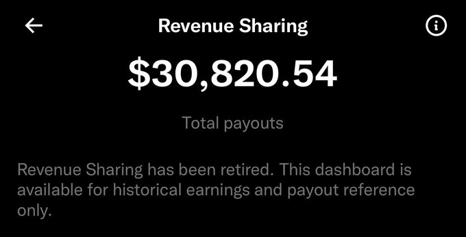 A screenshot of a "Revenue Sharing" dashboard displaying total payouts of $30,820.54, with a notice that the program has been retired and is now available for historical reference only—visually marking the end of an era being mourned in the caption "RIP Revenue Sharing. You were good to me."