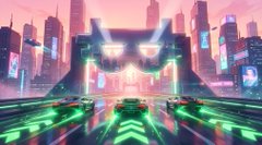 A futuristic cyberpunk cityscape with glowing neon structures and a green-lit racing track leading toward a massive archway sets the scene, evoking the next generation of immersive, accessible gaming that the post highlights about NakamotoGames' fun-first, barrier-free vision.