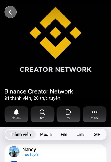 A Telegram group screenshot for 'Binance Creator Network' showing the Binance logo, 91 members, 20 online, with online user 'Nancy' listed.