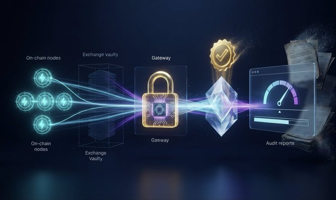 A digital infographic depicting a secure transaction flow with labeled components: 'On-chain nodes', 'Exchange vault', 'Gateway' (shown as a padlock), and 'Audit reports', with glowing energy lines connecting the elements.