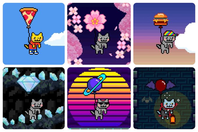 A grid of six pixel-art cat illustrations in various themed backgrounds including pizza, cherry blossoms, beach, diamonds, retro sunset with Saturn, and a bat cave.