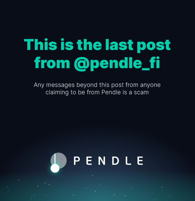 The image features a dark blue sky with white stars, which serves as the background for the post. The title of the post reads "This is the last post from @openpendle.fi", indicating that the post is about something related to OpenPendle. The post also mentions that there are any messages beyond this one, and it claims that someone is claiming to be from OpenPendle is a scam.