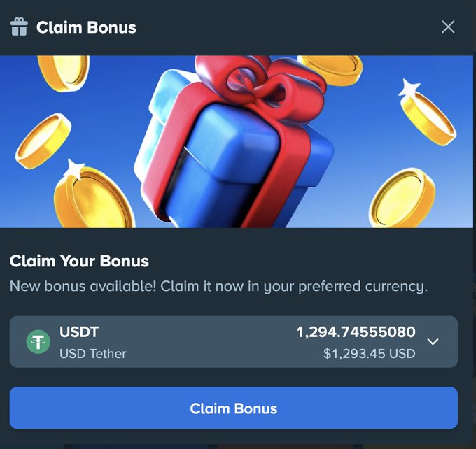 A "Claim Bonus" modal from Stake displays a 1,294.74555080 USDT (approximately $1,293.45 USD) reward, featuring a blue gift box with red ribbon and gold coins. This appears to be the monthly bonus payout referenced in the post, prompting users to share their Stake ID and bonus amounts in the comments.