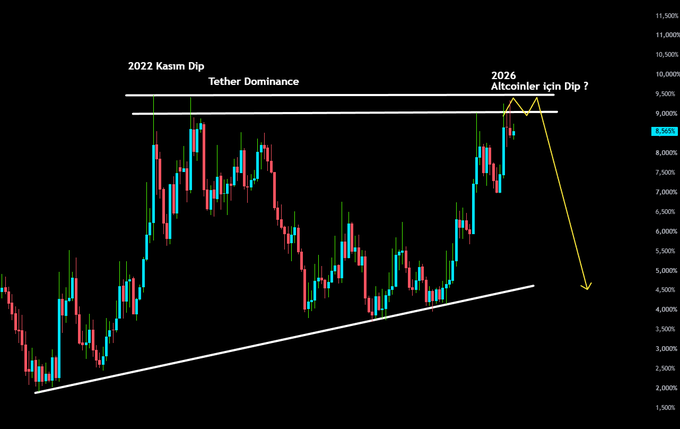 This Tether Dominance chart, labeled "2022 Kasım Dip" and "2026 Altcoinler için Dip?", shows a potential trend of decreasing dominance, suggesting a possible altcoin bottom in 2026. The chart displays 8.565% of Tether Dominance.