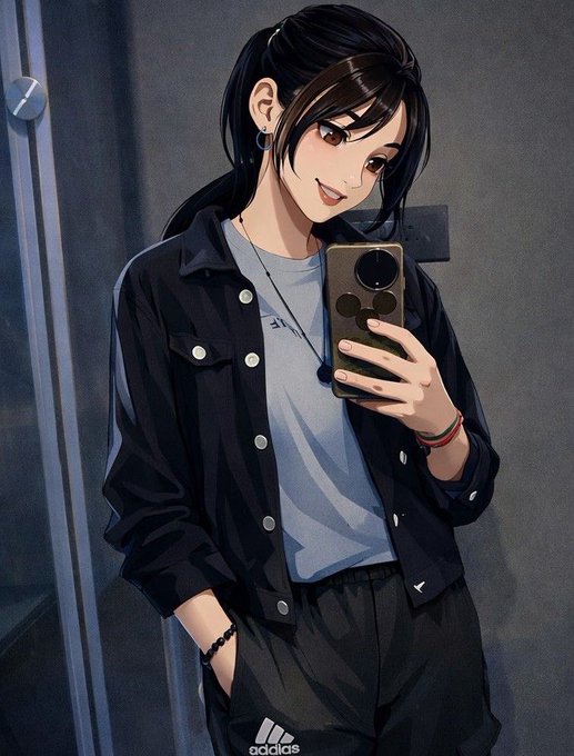 An anime-style illustration of a dark-haired young woman in a black denim jacket and light blue shirt taking a mirror selfie with her smartphone.