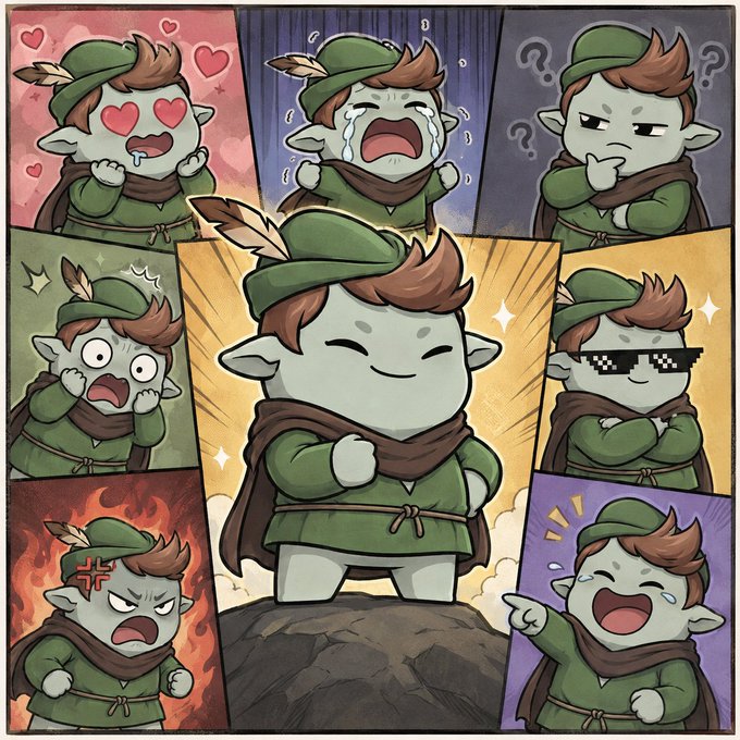 A cartoon illustration featuring a central green-clad elf-like character with various expressive poses surrounding it, including hearts in eyes, crying, angry, pixel sunglasses, and shocked expressions.