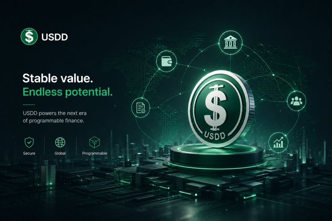 A promotional graphic for USDD stablecoin featuring 'Stable value. Endless potential.' text alongside a glowing 3D coin emblem on a teal digital cityscape background.