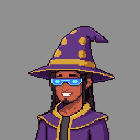 A pixel art portrait of a wizard character wearing a purple polka-dot hat and blue shades is shown, with no visible text in the image. The image appears unrelated to the post about securing gtd spots for an NFT project, as it doesn't depict any text, numbers, or direct reference to RobinosNFT.