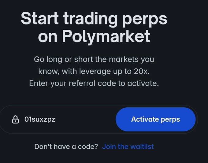 A dark-themed promotional screen for Polymarket trading with the text "Start trading perps on Polymarket," offering up to 20x leverage and showing a referral code field with "01suxzpz" entered next to an "Activate perps" button.