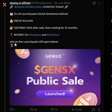 A Twitter post from @GeniusXofficial dated 28 Juni 2023 announces the public sale of $GENSX, noting a price of $0.009 and 20% vesting after sale for 12 months.