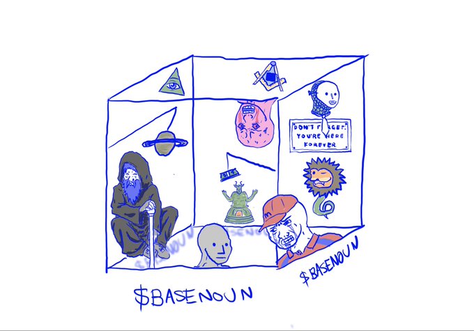 A hand-drawn illustration of a collection box labeled "$BASENOUN" containing various character drawings and a sign reading "DON'T GET YOUR MEME BONERED."