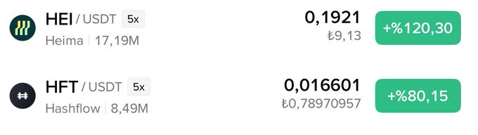 The image displays crypto trading pairs for HEI/USDT and HFT/USDT, with HEI (Heima) showing a +120.30% gain at 0.1921 and HFT (Hashflow) up +80.15% at 0.016601. This supports the accompanying post's claim that $HEI is performing well ("#Hei top1"), visualizing the strong upward price movement the author mentioned while lamenting market manipulation by CZ that prevents them from fully benefiting.
