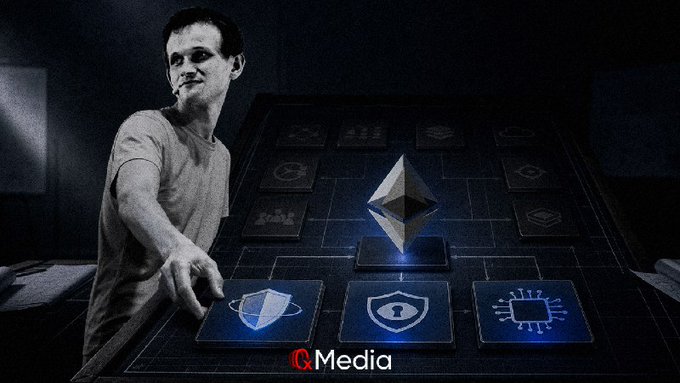 A stylized image of Vitalik Buterin reaching toward a glowing Ethereum logo and shield icon on a grid, with the text 'Media' at the bottom.