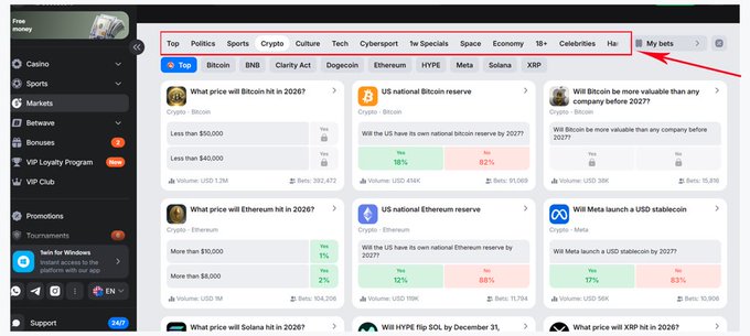 The image shows a prediction market platform interface with trending crypto-related questions, including predictions for Bitcoin ($50,000-$130,000 range) and Ethereum ($4,000-$8,000) prices by 2026/2027, alongside questions about national Bitcoin/Ethereum reserves and a Meta stablecoin launch. A red arrow and text highlights the "My bets" tab in the upper right corner, suggesting the user is showcasing their active wagers on these altcoin and crypto price predictions—directly tying to the post's emphasis on evaluating which altcoins have genuine staying power versus those riding temporary narratives.
