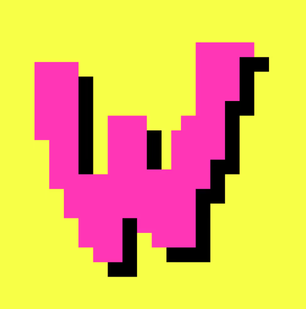 A pixel art image featuring a pink and black design on a yellow background, possibly representing a stylized letter or abstract shape.