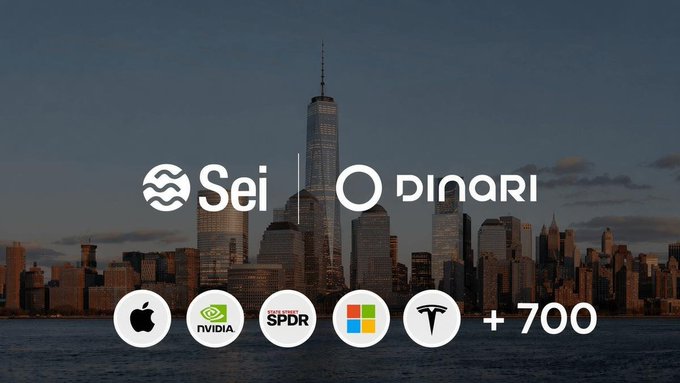 A promotional graphic for 'Sei' and 'Dinari' is overlaid on a city skyline, displaying logos for Apple, NVIDIA, SPDR, Microsoft, and Tesla, along with '+ 700' to indicate the number of supported tokenized assets.