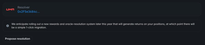 A screenshot of the UMA Resolver interface displays a 0x2F5e3684c... address alongside a notice explaining that a new rewards and oracle-resolution system will be rolled out later this year, generating returns on positions with a simple 1-click migration option, followed by a "Propose resolution" button. The image confirms the post's clarification that Polymarket's migration feature pertains to position migration after system upgrades, not a new blockchain.