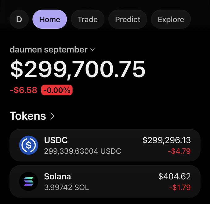 A mobile portfolio screenshot showing "daumen september" with a total balance of $299,700.75, holding 299,339.63 USDC ($299,296.13) and 3.99742 SOL ($404.62). The image visually confirms the post's claim of gaining roughly $300,000 in the first 13 days of September, with the "Home" tab selected on what appears to be a crypto wallet/trading app.