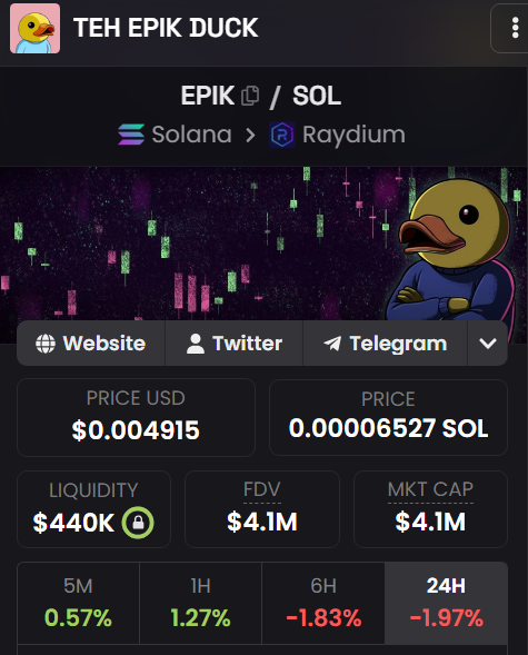 A cryptocurrency tracker page for the meme token 'TEH EPIK DUCK' (ticker: EPIK) on the Solana network via Raydium, showing a price of $0.004915 (0.00006527 SOL), liquidity of $440K, FDV and market cap of $4.1M, with 24H performance down 1.97%, alongside a cartoon duck mascot over a candlestick chart.