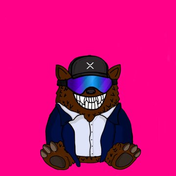 A cartoon illustration of a brown bear wearing a black cap, purple sunglasses, and a blue suit jacket against a bright pink background.