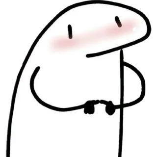 A simple cartoon drawing of a white, rounded character with blushing cheeks, smiling slightly while holding a pair of black binoculars.