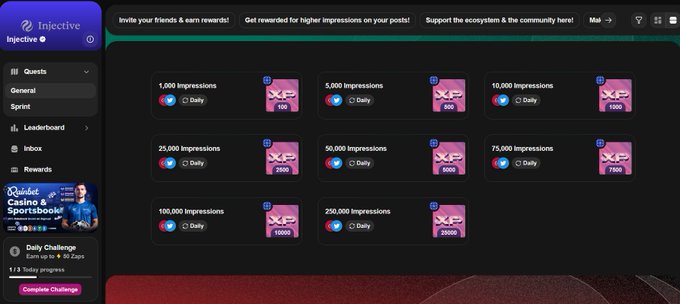 A screenshot of the 'Injective' dashboard showing an 'XP' rewards grid with daily impression tiers ranging from 1,000 to 250,000 impressions, alongside a 'Casino & Sportsbook!' promotion on the left sidebar.