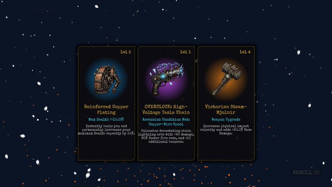 Three upgrade cards from the game "Punk, Bullets and Junk" displayed against a starry night sky: "Reinforced Copper Plating" (Lvl 2) granting +10% Max Health, "OVERCLOCK: High-Voltage Tesla Chain" (Lvl 1) releasing an electrifying chain lightning area with +20 damage, +20 faster fire rate, and +10 additional bounces, and "Victorian Steam-Mjolnir" (Lvl 4) offering a Beacon Upgrade that increases physical impact velocity and adds +30% Base Damage, with a "REROLL (1)" option in the bottom right.