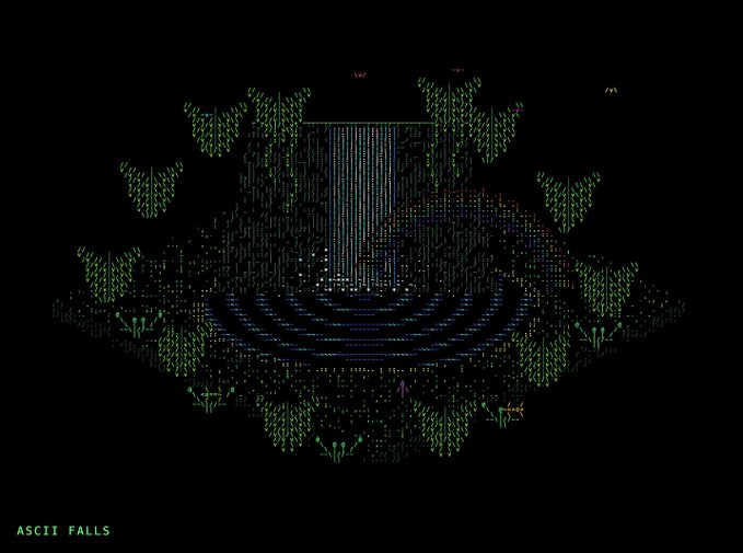 An ASCII art rendering labeled 'ASCII FALLS' depicting a scenic waterfall with trees in green text against a black background.
