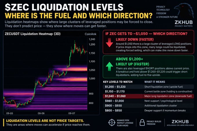 Cryptocurrency analysis infographic titled '$ZEC LIQUIDATION LEVELS — WHERE IS THE FUEL AND WHICH DIRECTION?' featuring a 3D ZECUSDT liquidation heatmap from CoinAnk and key price levels from $800 to $1,220.