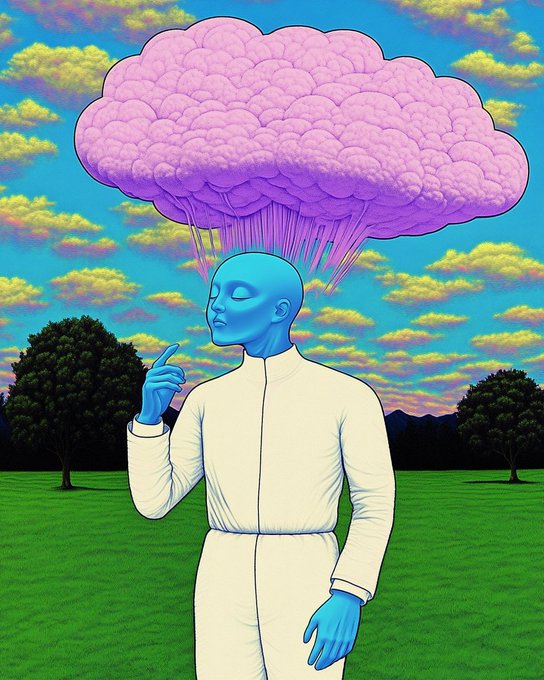 A surreal digital illustration shows a blue-skinned figure in a white jumpsuit standing in a green field, with a giant pink cloud-burst emerging from their head.
